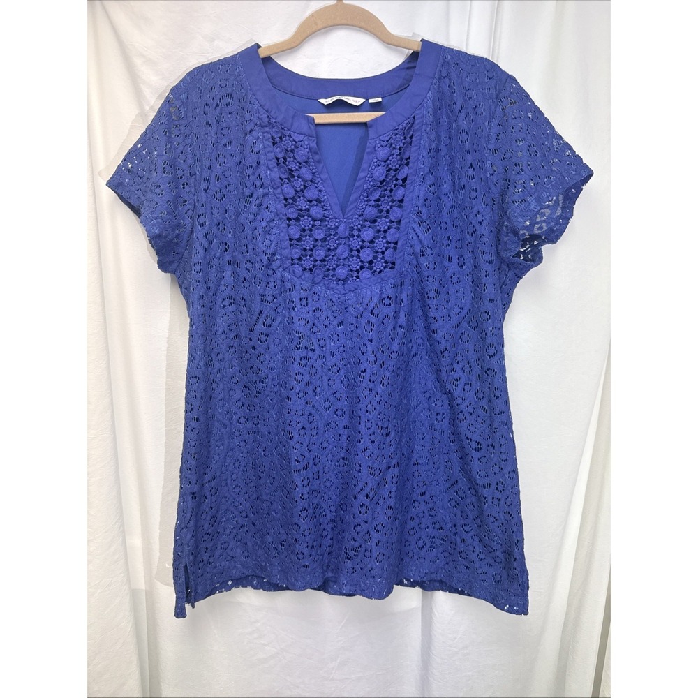 Isaac Mizrahi live Purple split neck Short sleeve lace overlay Tunic blouse XL